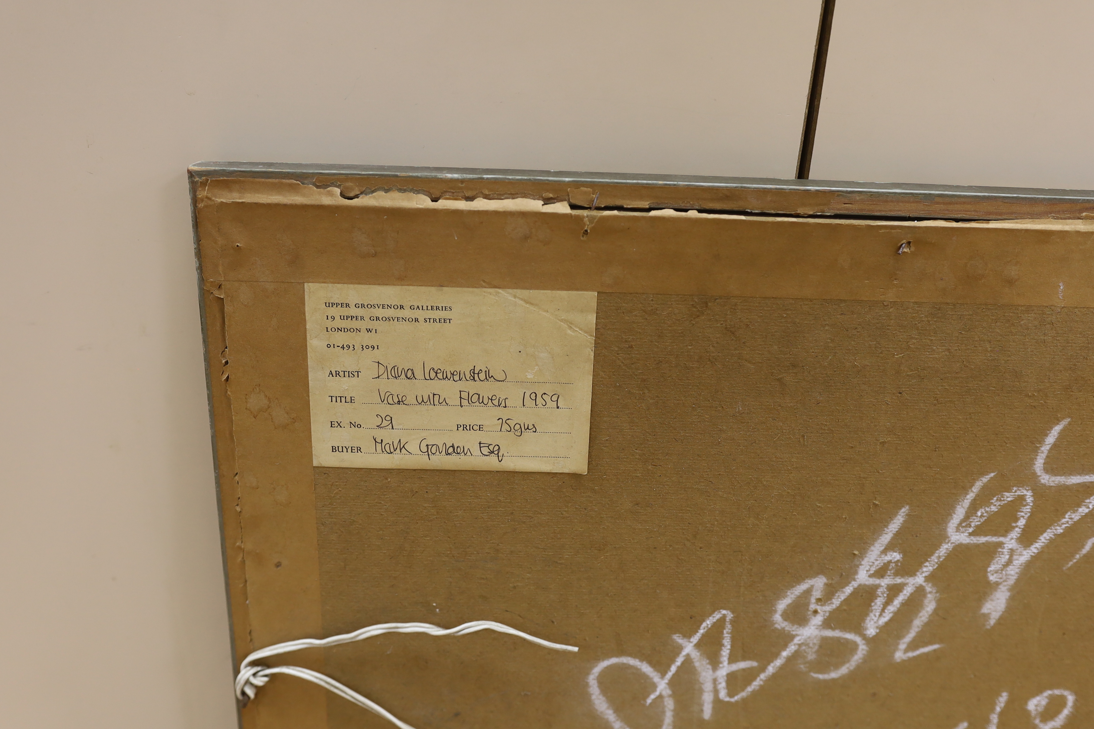 Diana Lowenstein, watercolour and pastel, 'Vase with flowers 1959', Upper Grosvenor Galleries label verso, 49 x 35.5cm